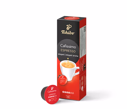 Une boîte de Cafissimo Espresso elegant - 10 capsules à côté d'une capsule individuelle.