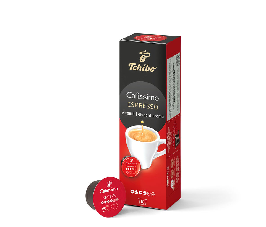 Une boîte de Cafissimo Espresso elegant - 10 capsules à côté d'une capsule individuelle.