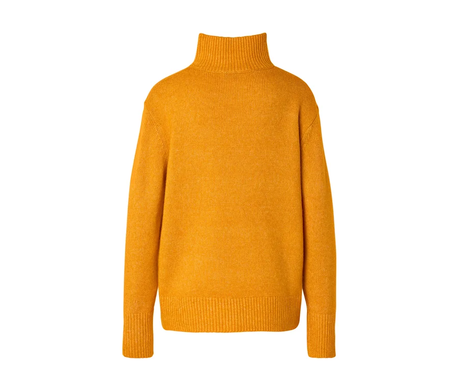 Pull col roulé en maille jaune avec manches longues et bords-côtes.