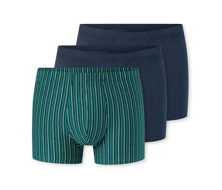 Trois shorts SCHIESSER: un rayé vert et blanc et deux bleu foncé.