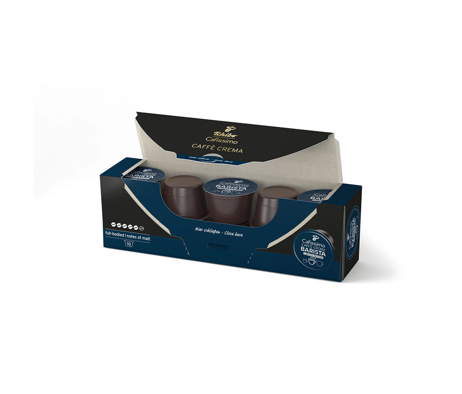 Une boîte bleu foncé ouverte de 10 capsules de café Cafissimo BARISTA Caffè Crema India, montrant des capsules marron foncé.