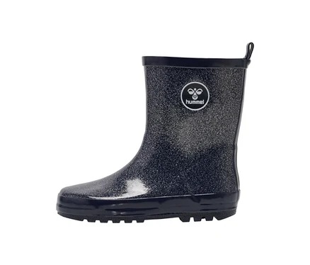 Une botte en caoutchouc hummel® « Rubber Boot Glitter » noire, avec une finition pailletée et un logo hummel blanc sur le côté.