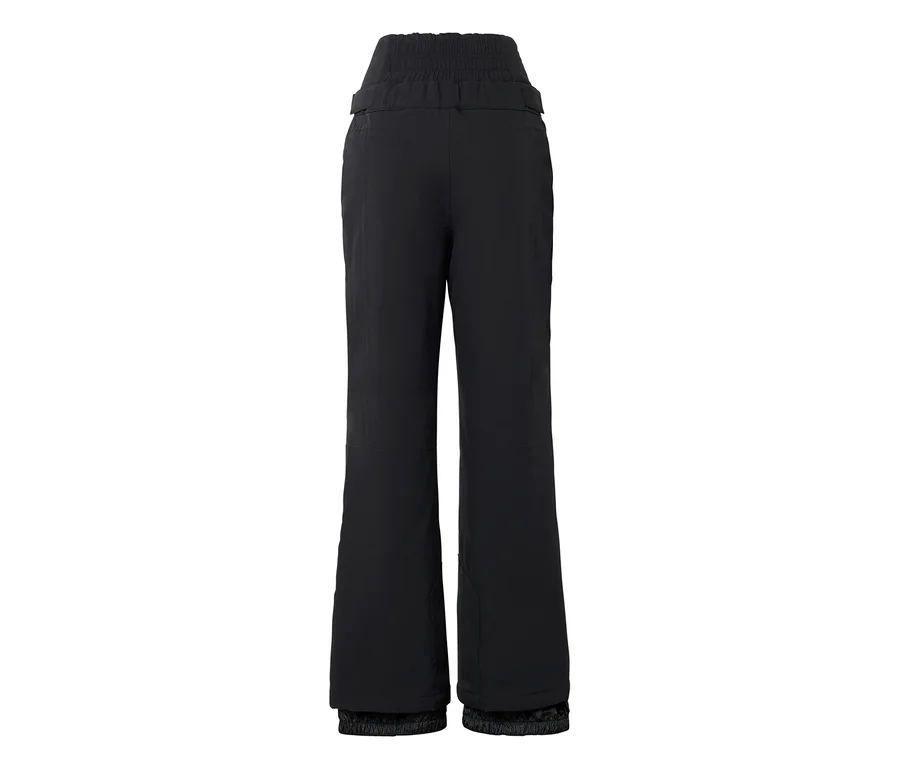 Pantalon de ski noir taille haute avec une taille élastiquée et des poignets élastiques internes aux chevilles, vu de dos.
