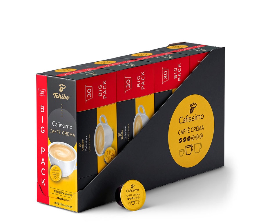 Un paquet de 120 capsules Cafissimo Caffè Crema mild (doux) dans un emballage noir, rouge et jaune. Une capsule se trouve devant l'emballage.