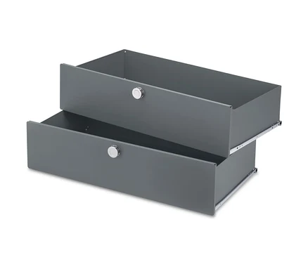 Deux jeux de tiroirs supplémentaires en métal gris l'un au-dessus de l'autre, tous deux partiellement sortis.