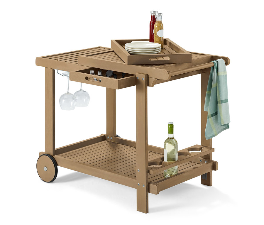 Chariot pour barbecue « Lenja » avec 2 plateaux avec assiettes, verres, bouteilles et torchon.