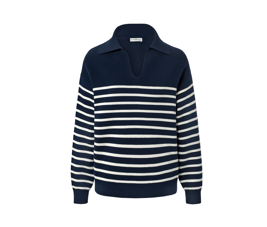 Pull en maille bleu et blanc avec col.