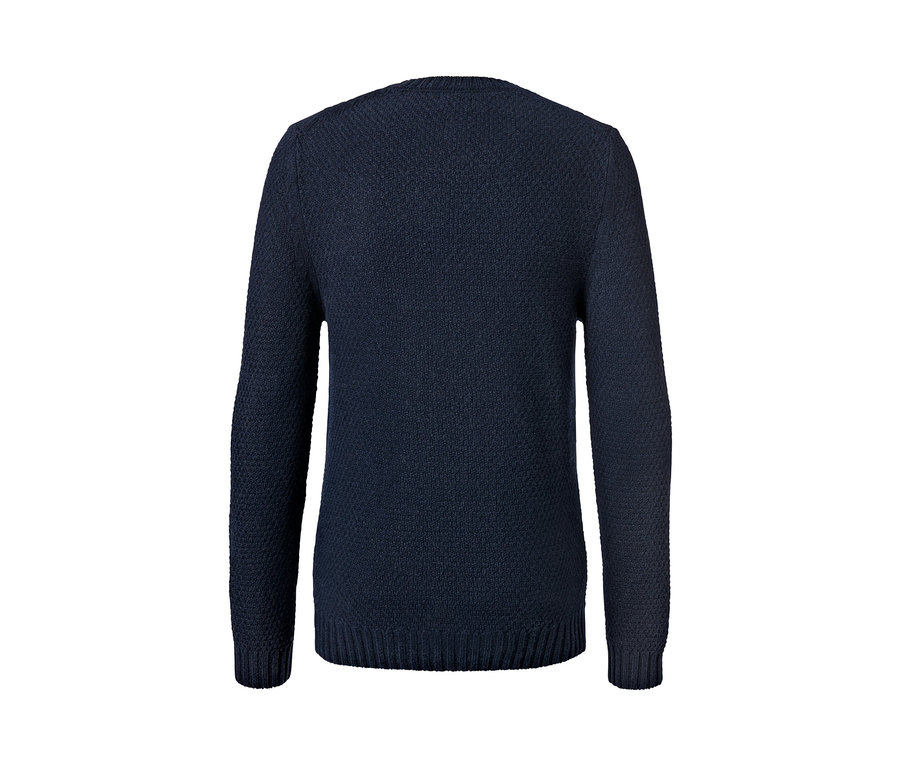 Vue détaillée de l'arrière d'un pull en maille bleu foncé.