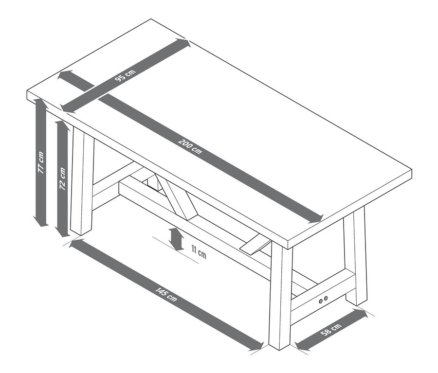Schéma d'une table à manger avec plateau en béton et dimensions.