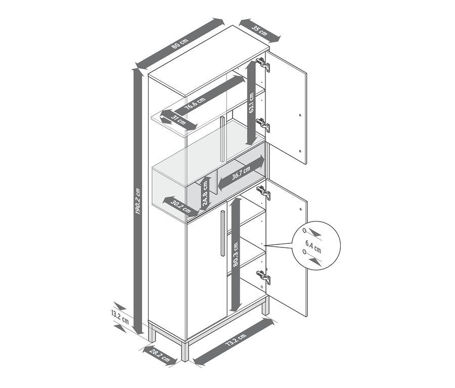 Dimensions de l'armoire haute de salle de bain « Eklund » en blanc et anthracite avec portes ouvertes.