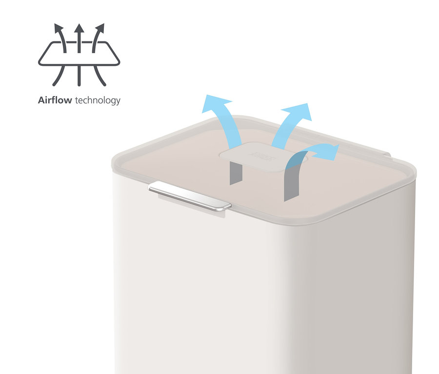 Détail d'une poubelle de tri sélectif Joseph Joseph avec technologie airflow.