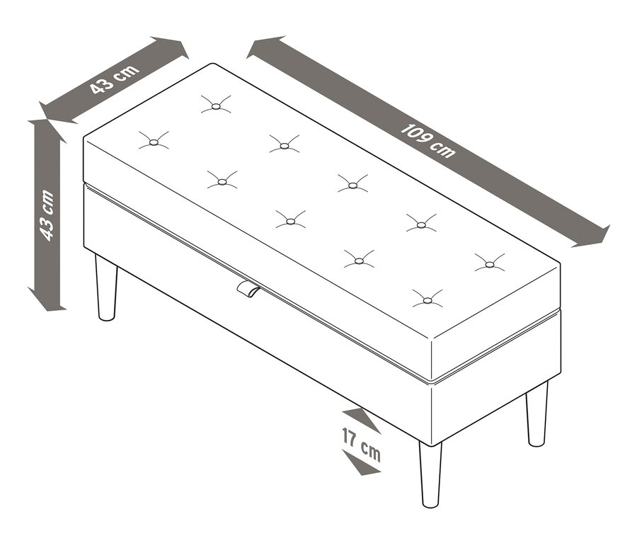Illustration d'un banc rembourré avec espace de rangement et dimensions.