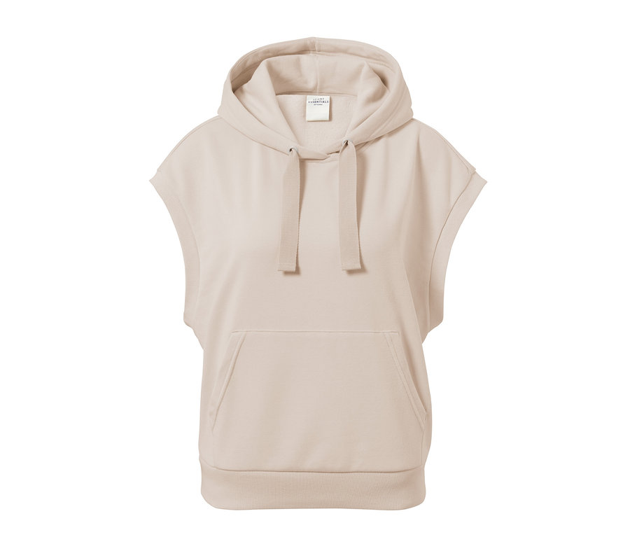 Un sweat-shirt de sport molletonné à capuche sans manches beige avec une poche kangourou.