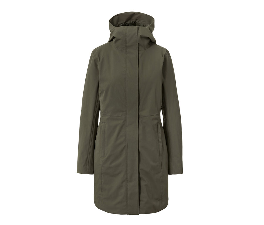 Manteau de pluie 3-en-1 olive avec capuche et gilet.