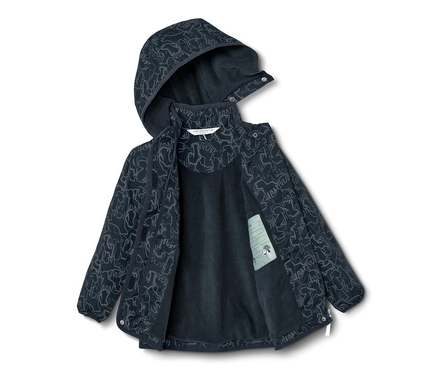 Veste de pluie thermique ouverte pour enfant avec éléments réfléchissants, capuche et motif de chevaux bleu foncé.