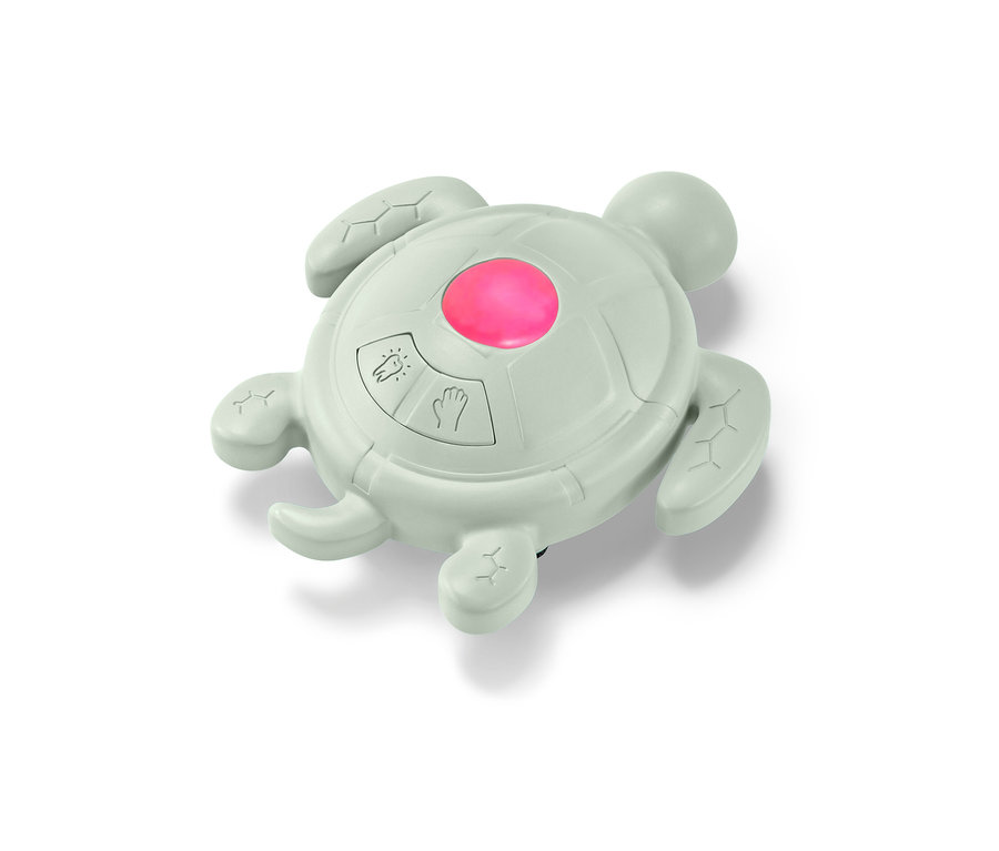 Minuteur gris en forme de tortue pour se laver les mains et se brosser les dents, avec une lumière rose au centre.