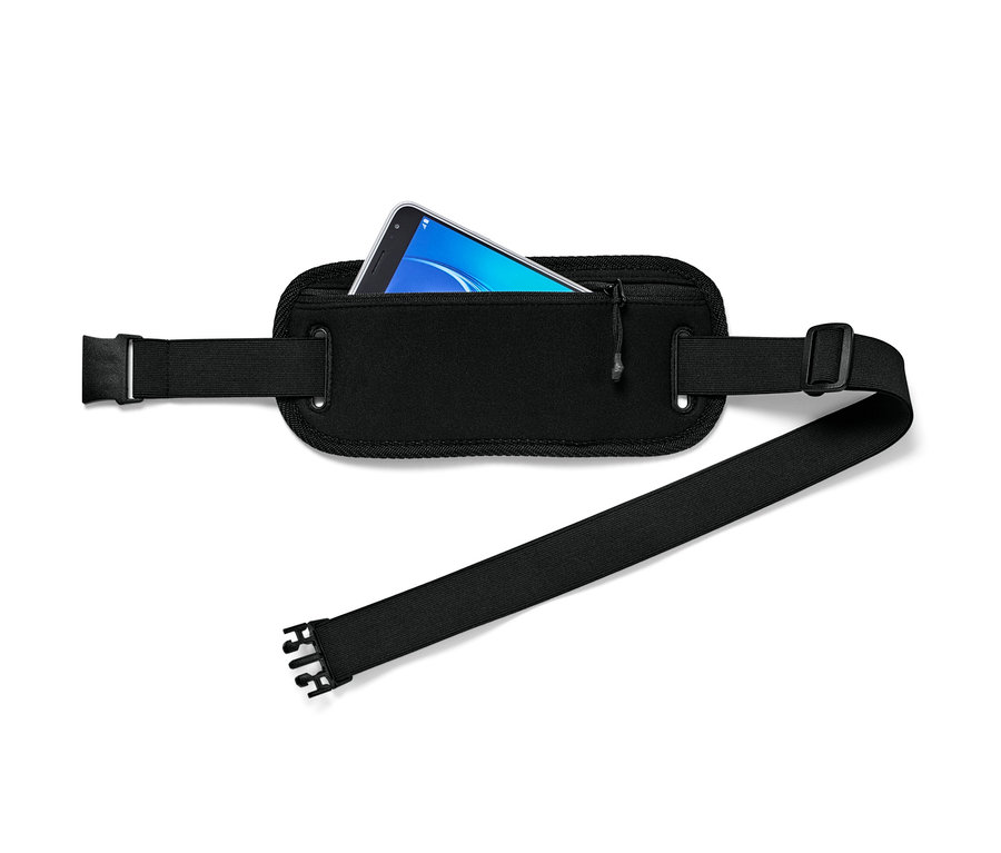 Ceinture de course noire pour smartphone avec un téléphone à l'intérieur.