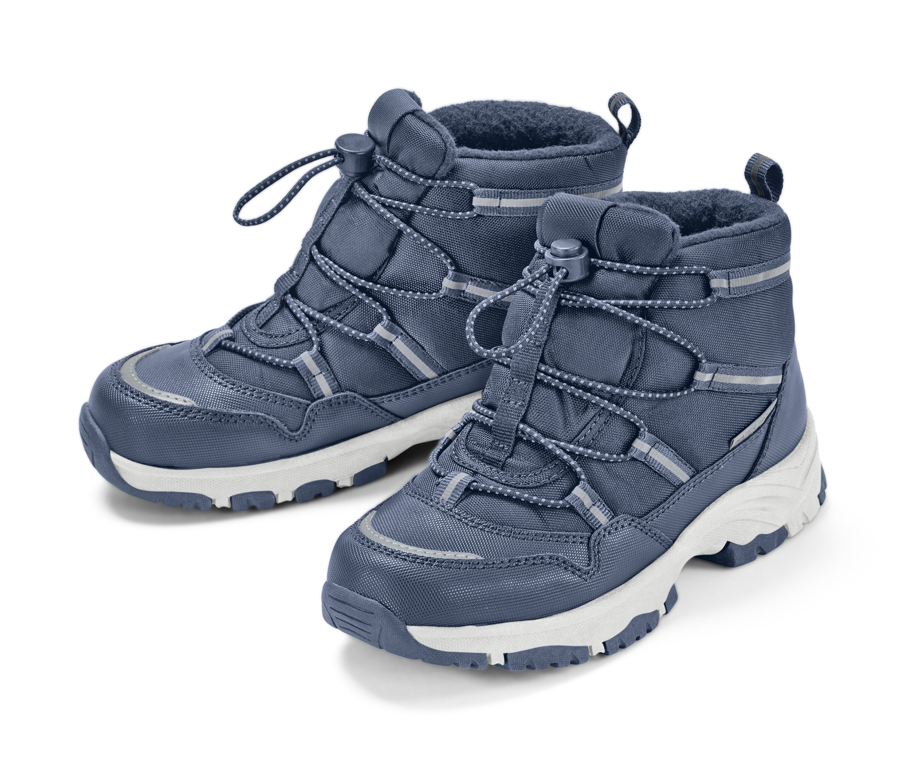 Bottines thermiques pour enfant, bleu, avec semelle blanche et lacets.