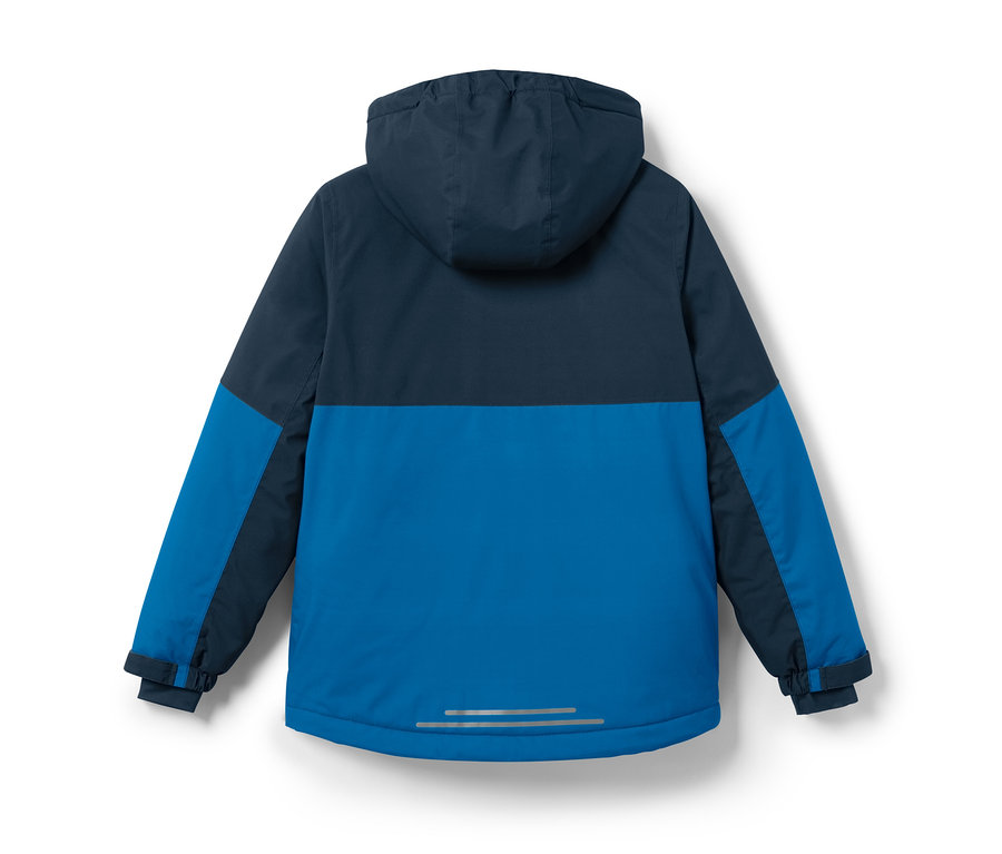 Vue détaillée de l'arrière d'une veste de ski pour enfant bleu et bleu marine.