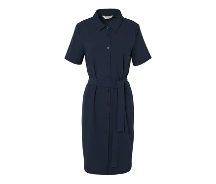 Robe technique bleu marine à manches courtes avec ceinture.