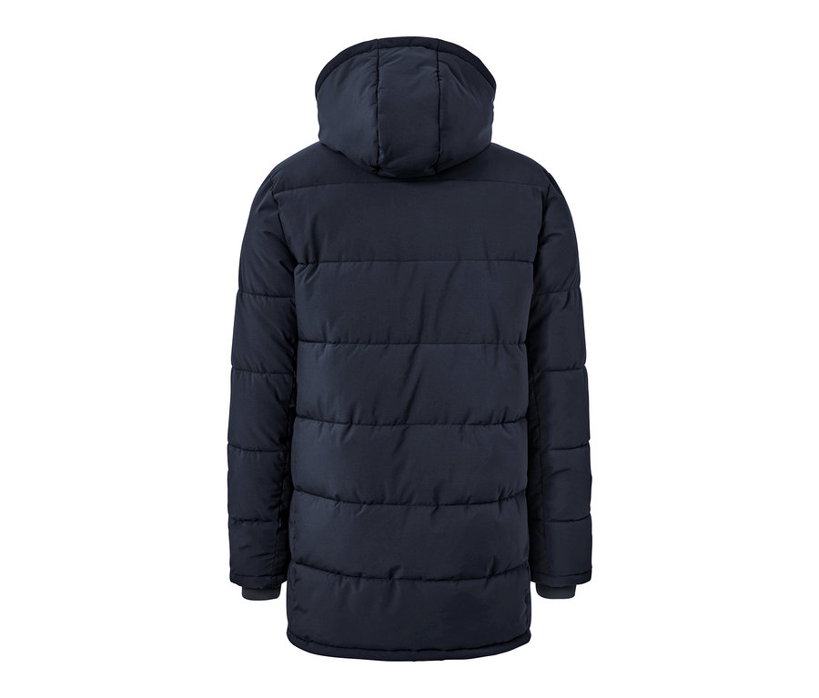 Vue de dos d'une parka matelassée bleu marine avec capuche.