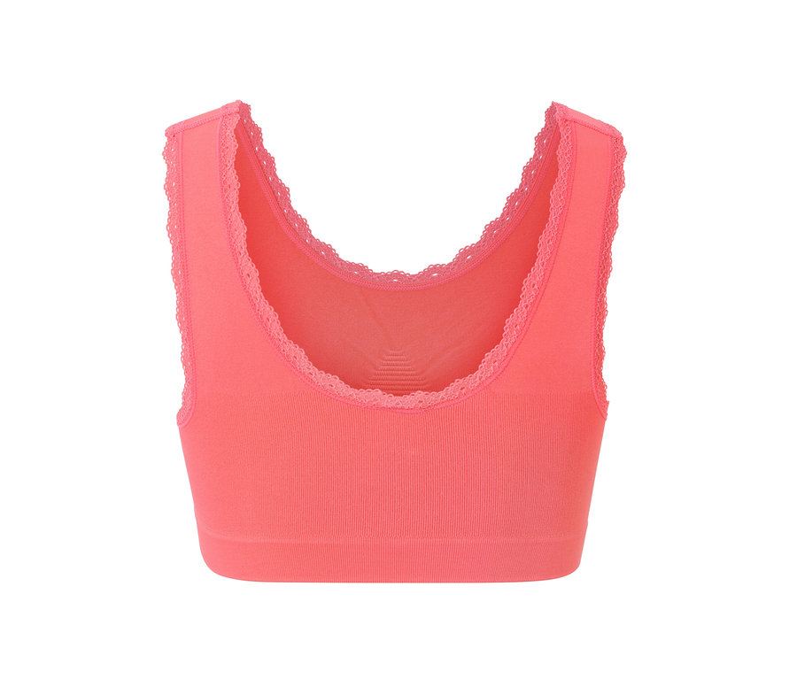 Vue détaillée d'une brassière seamless couleur papaye.