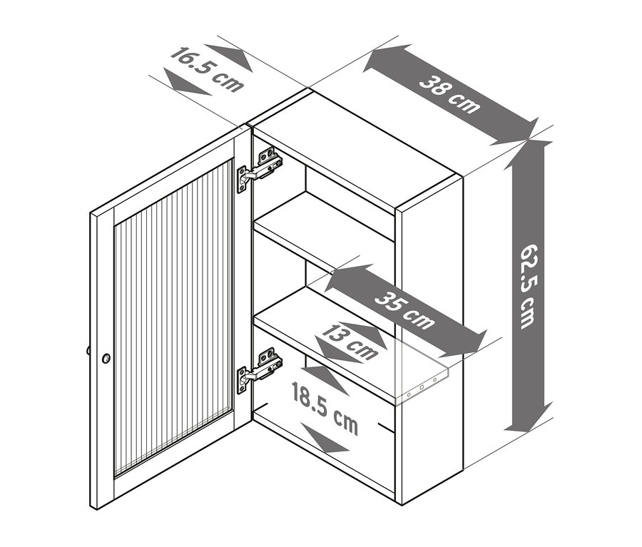 Armoire murale ouverte avec porte en verre strié et dimensions.