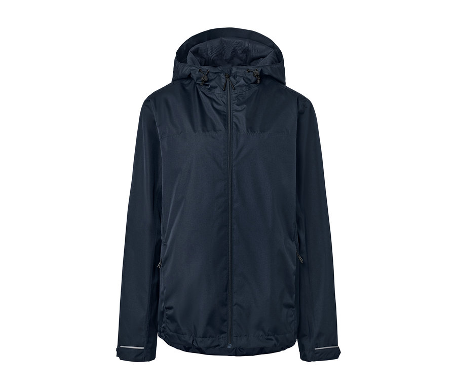 Veste de pluie unisexe bleue avec fermeture éclair centrale.