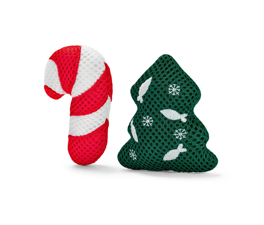 Jouet pour chat en forme de bâton de sucre rouge et blanc et de sapin de Noël vert.