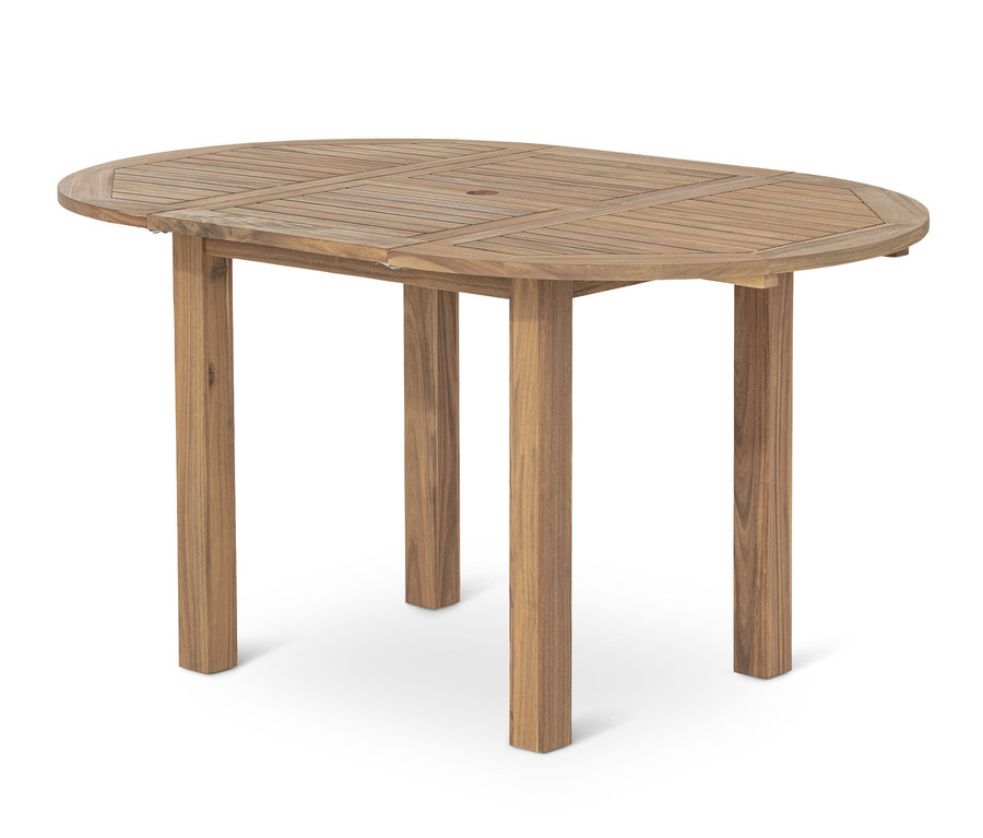 Table ovale extensible en bois marron avec quatre pieds.