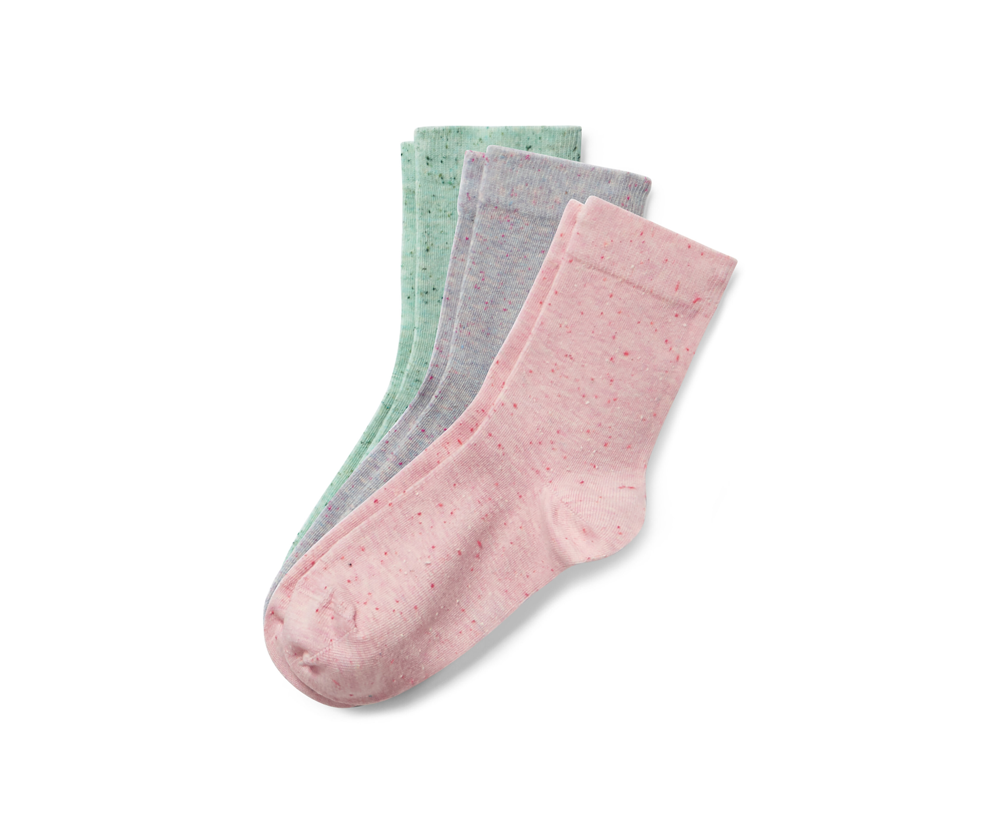 Trois paires de chaussettes avec fil à effet en vert, gris et rose.