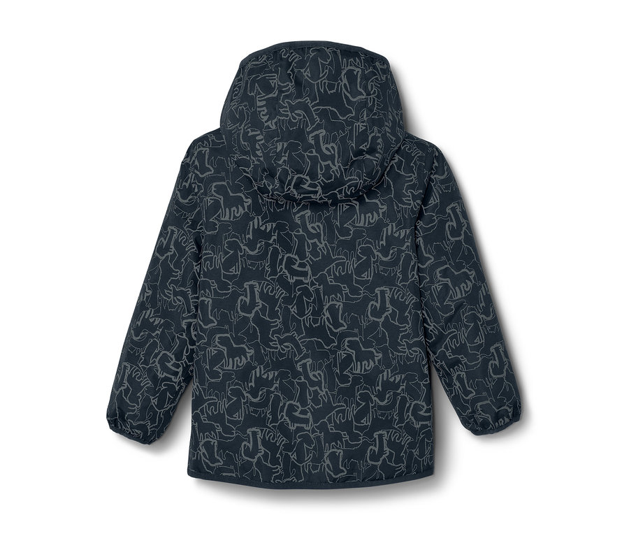 Vue arrière d'une veste de pluie thermique pour enfant avec éléments réfléchissants, capuche et motif animalier.