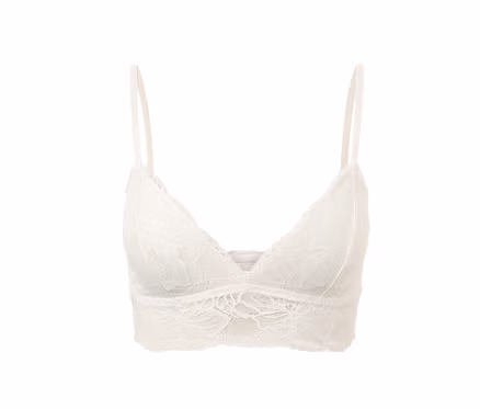 Brassière en dentelle blanche sur fond blanc.