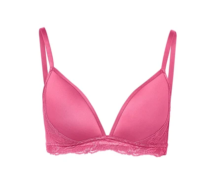 Gros plan d'un soutien-gorge rose doux Spacer avec bordure en dentelle.