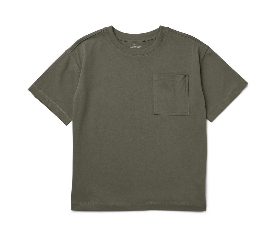 Un t-shirt enfant vert olive à manches courtes avec une poche.