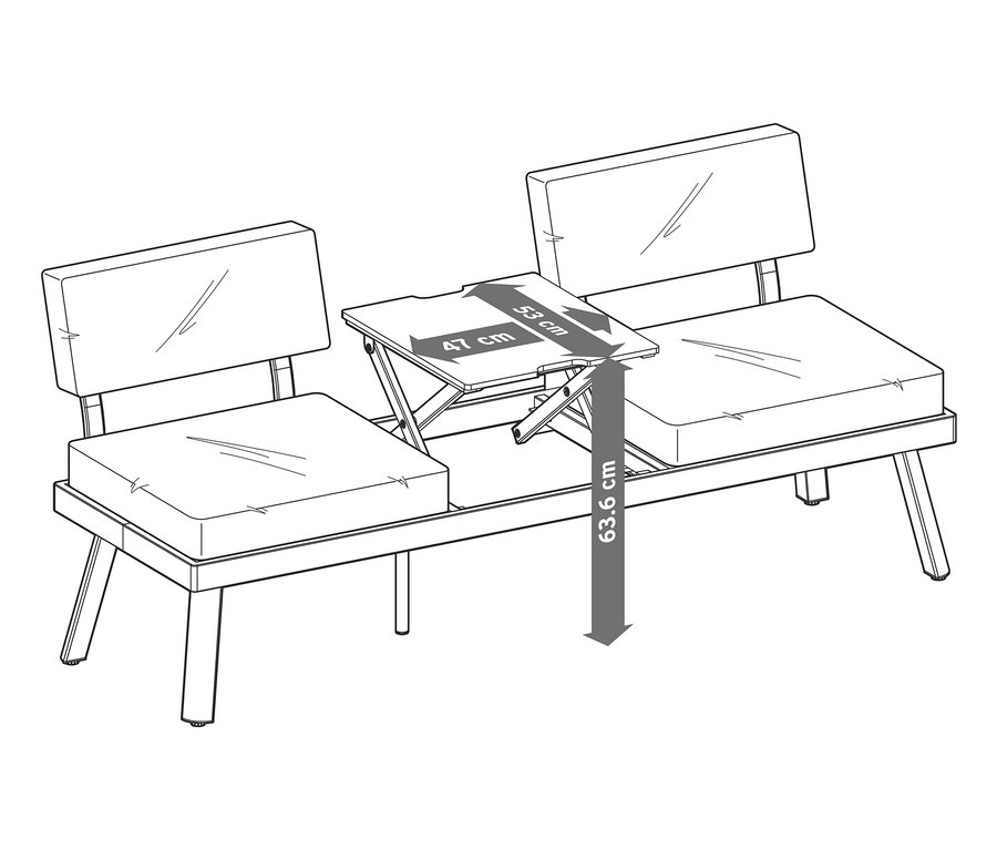 Schéma d'un canapé-lit 2 en 1 avec table centrale relevable et dimensions.