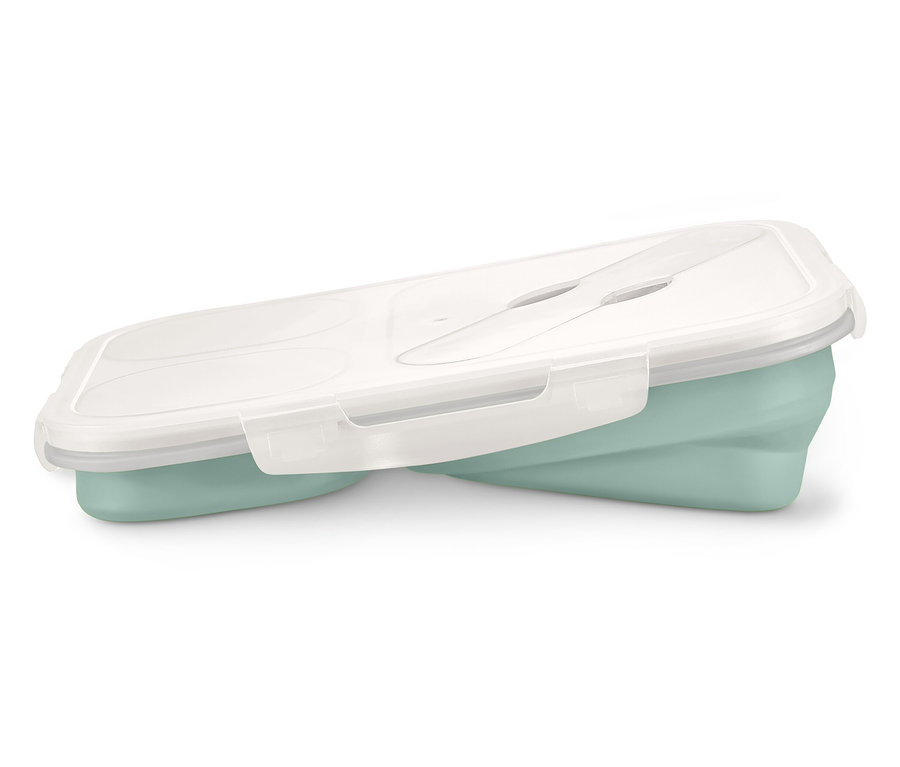 Une boîte à lunch pliable fermée bleu clair avec un couvercle blanc.