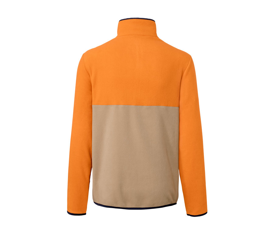 Pull en polaire orange et beige.
