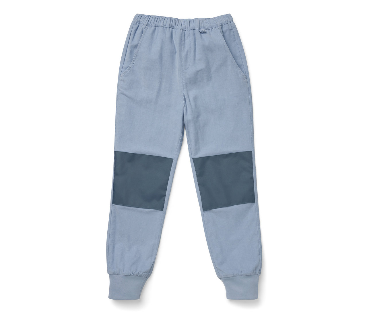 Pantalon d’extérieur en velours côtelé bleu pour enfants avec des patchs foncés aux genoux.