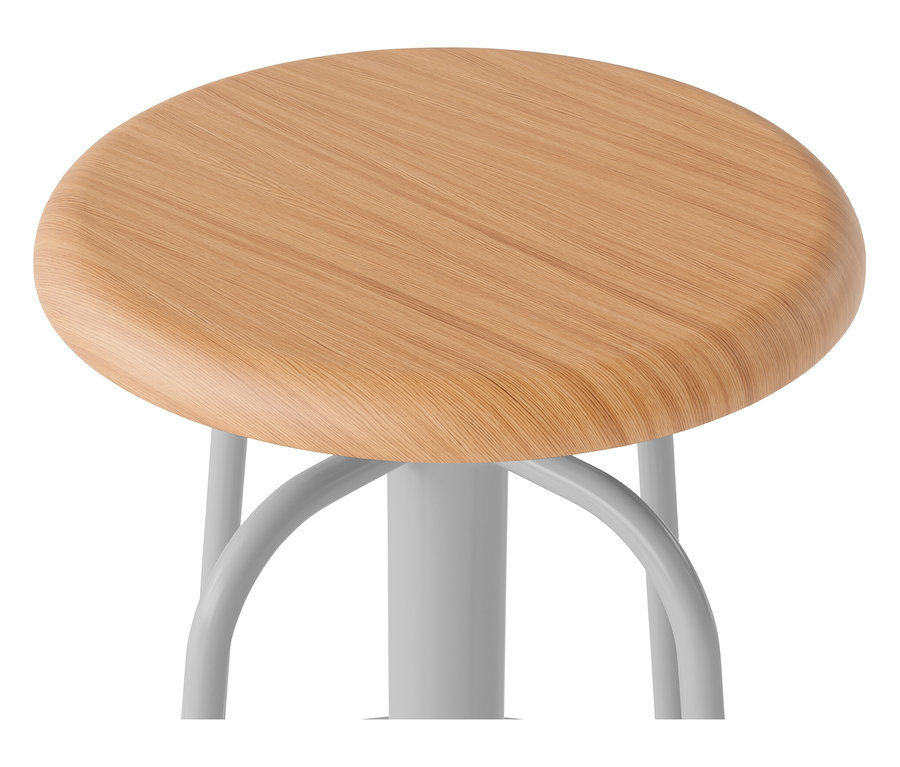 Gros plan d'un tabouret en bois avec une structure métallique blanche.