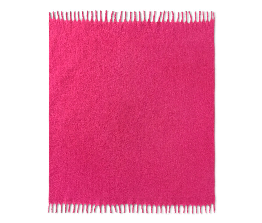 Couverture rose vif à franges, env. 130 x 150 cm.
