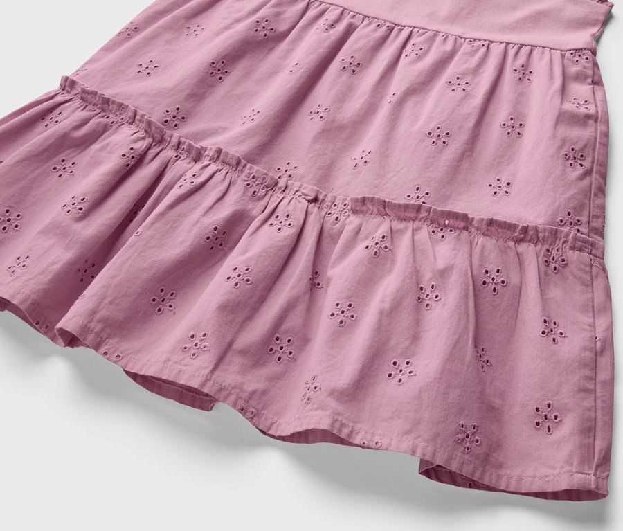 Détail d'une robe rose pour enfant avec broderie florale.