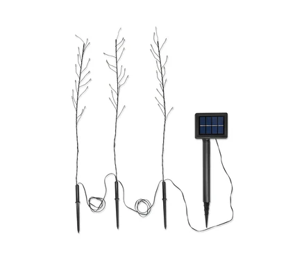 Trois piquets solaires avec des lumières LED et un panneau solaire.