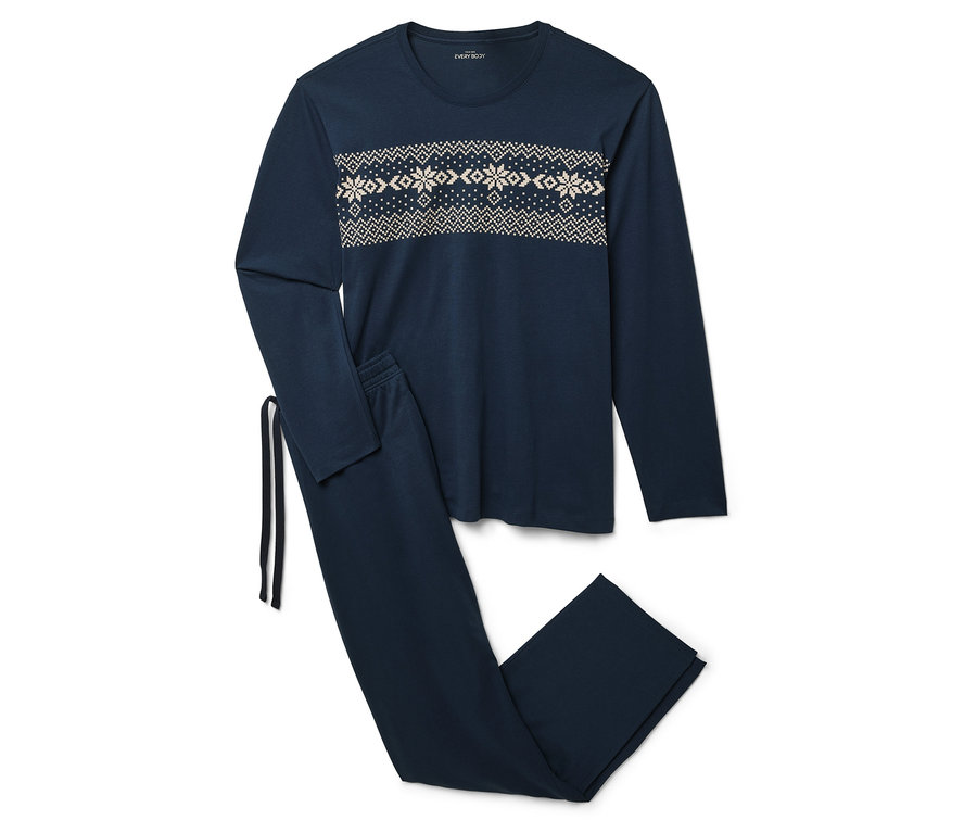 Pyjama bleu à manches longues et pantalon avec motif de Noël.
