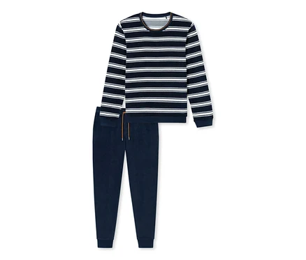 Ensemble pyjama en tissu éponge SCHIESSER composé d'un haut rayé et d'un pantalon uni.