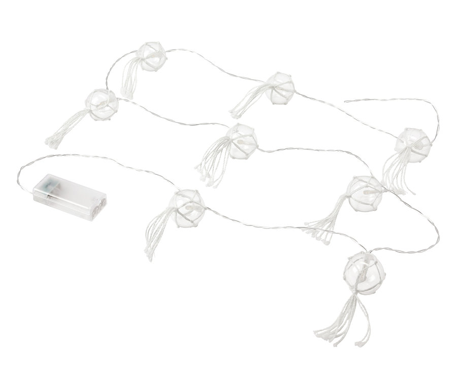 Une guirlande lumineuse à LED avec des boules sur un fond blanc.