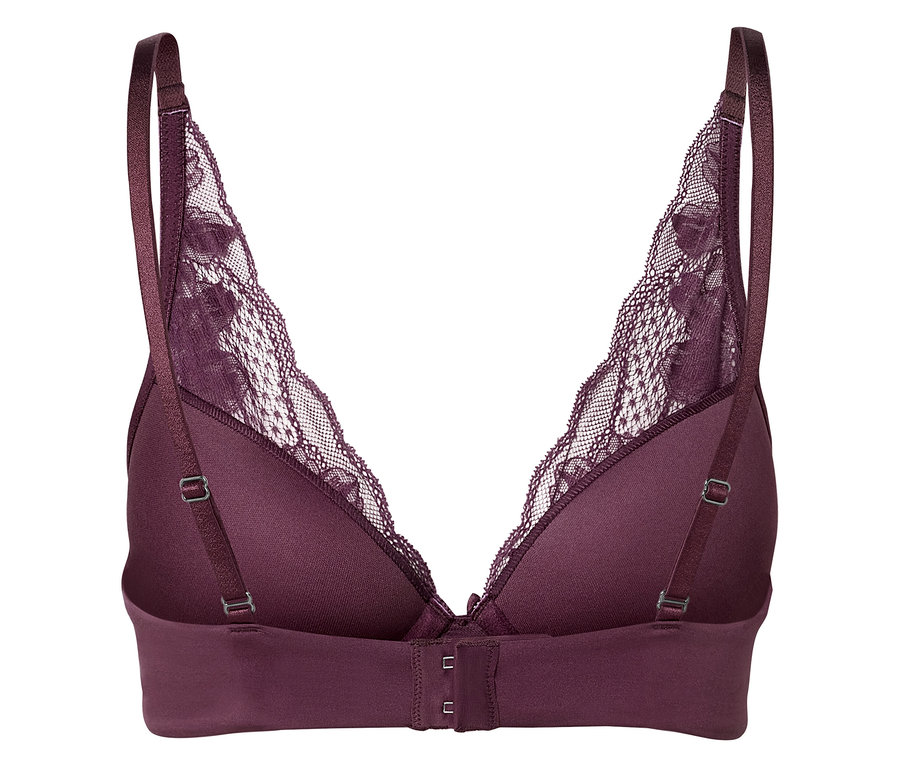 Vue détaillée de l'arrière d'un soutien-gorge bordeaux avec de la dentelle.