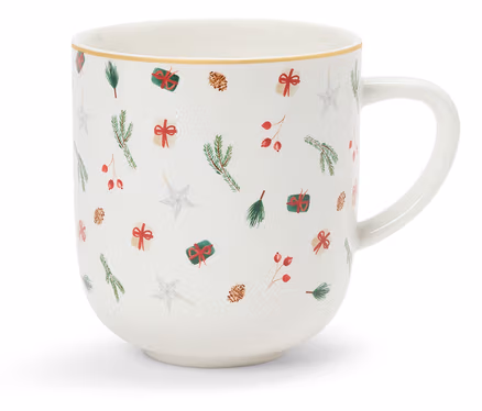 Tasse blanche avec motifs de Noël.