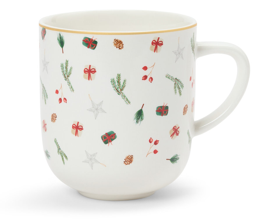 Tasse blanche avec motifs de Noël.