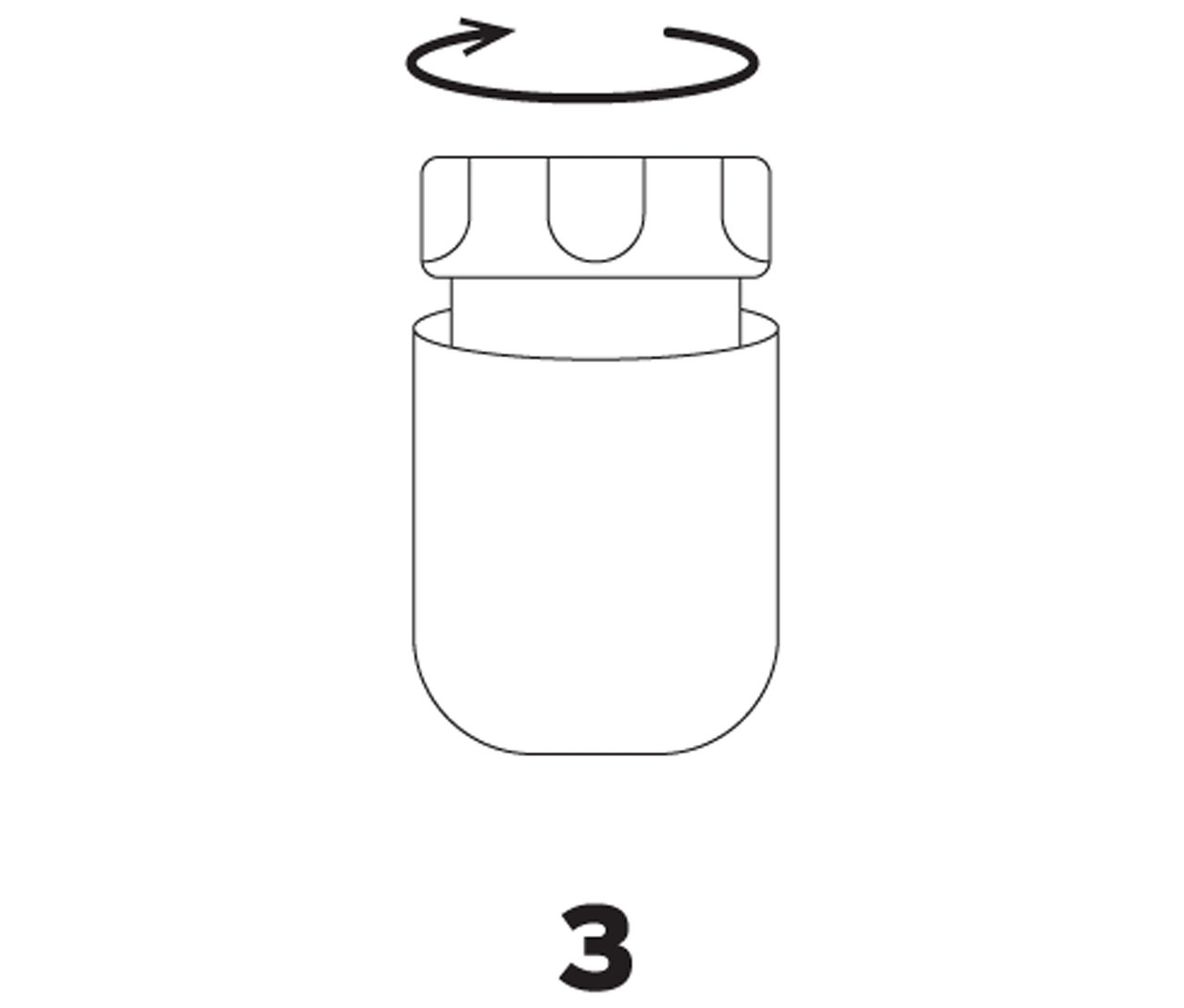 Le dessin montre comment tourner le couvercle d'un récipient, avec le numéro 3 en bas.